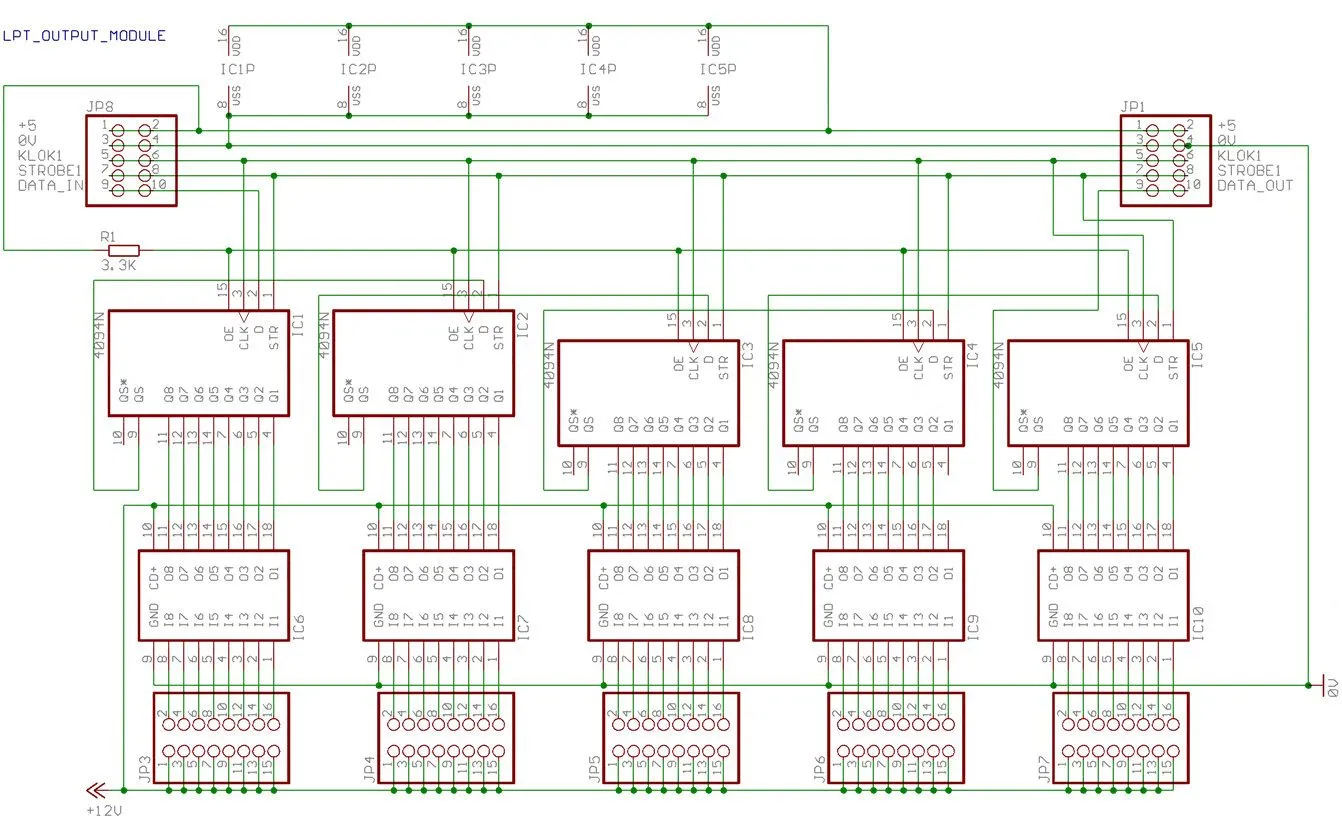 Schematic of the LPT output module: five 4094 shift registers driving ULN2803A arrays.