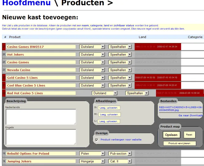 The product CMS behind the JVH gaming sites, listing casino machines by country and category.