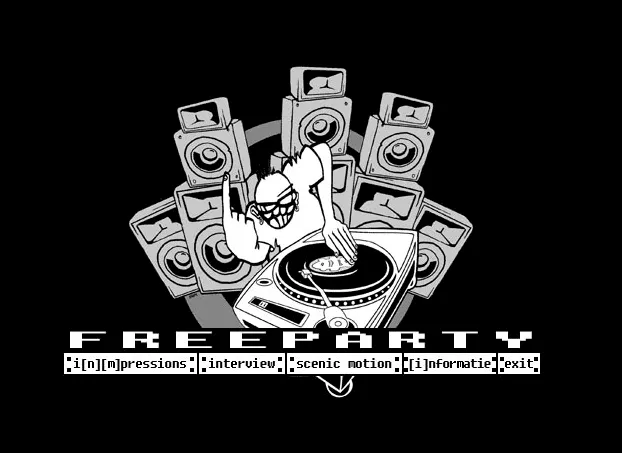 The Freeparty CD-ROM menu: a cartoon DJ flanked by speaker stacks, with impressions, interview, scenic motion, information and exit.