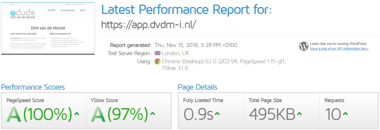 A performance report for the site, scoring 100 and 97 with a 0.9 second load.