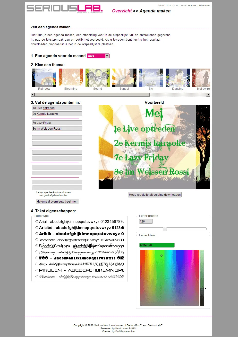 The SeriousLab agenda editor, a form for entering a venue programme beside a colour picker.
