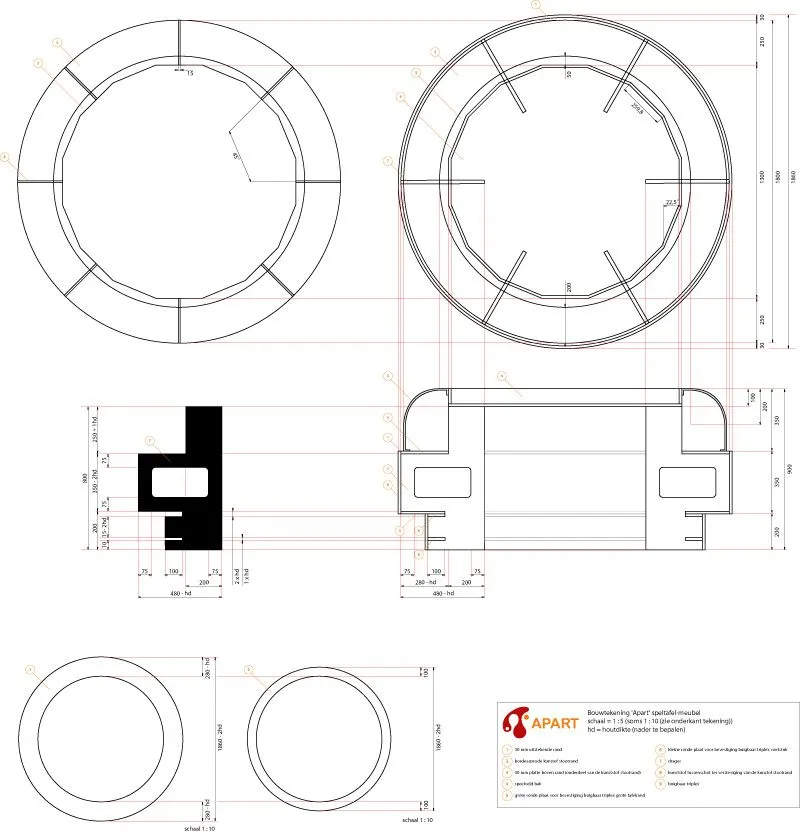 Construction drawing of the table, "Bouwtekening Apart speltafel-meubel": plan, elevation and sections, with the APART logo on the title block.